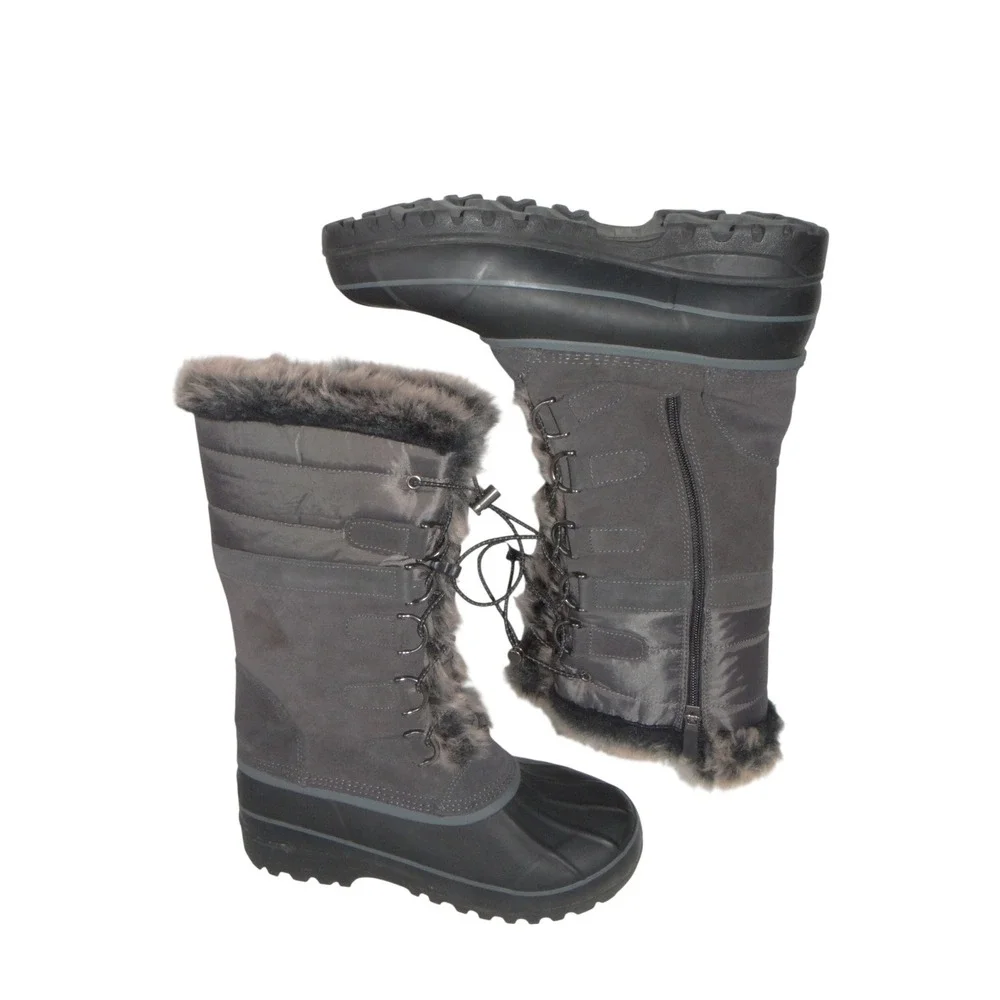 Lands End Womens Gray Faux Fur Trim Tall Snow Boots V3838/F4116 Size 10B